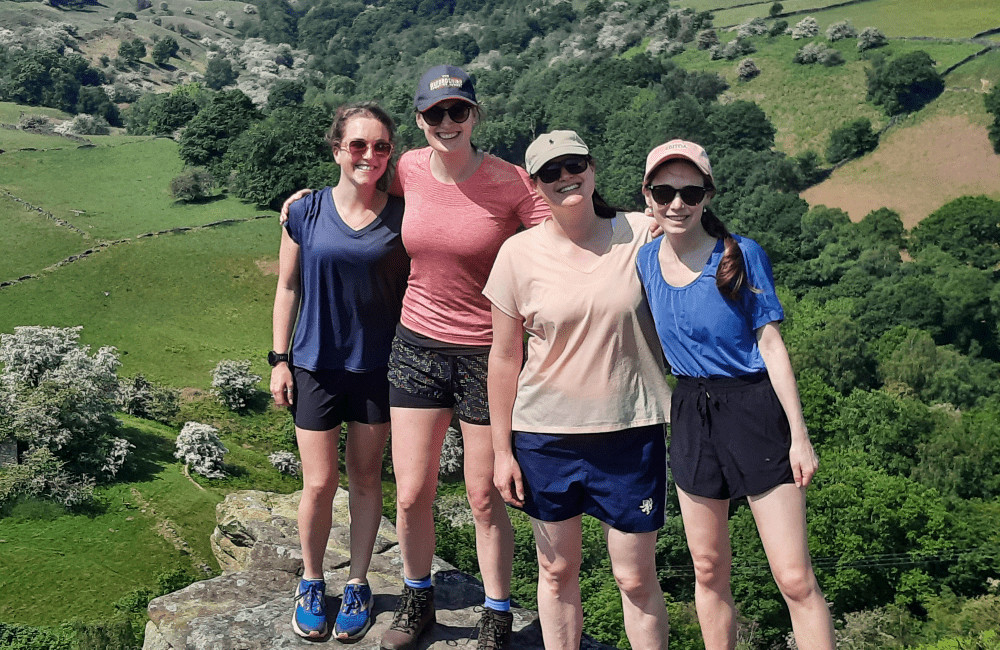 Eyam Moor View with group over Abney Clough Peak District